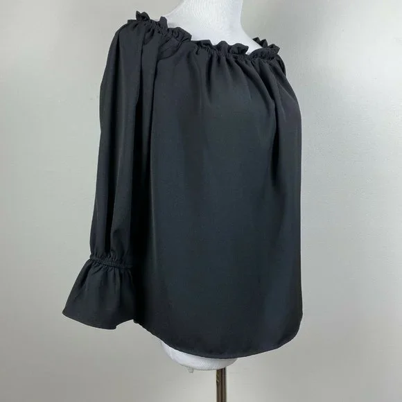 Lulus Top S Off The Shoulder Black Ruffle 3/4‎ Sleeve Solid Dressy Blouse - Picture 4 of 10